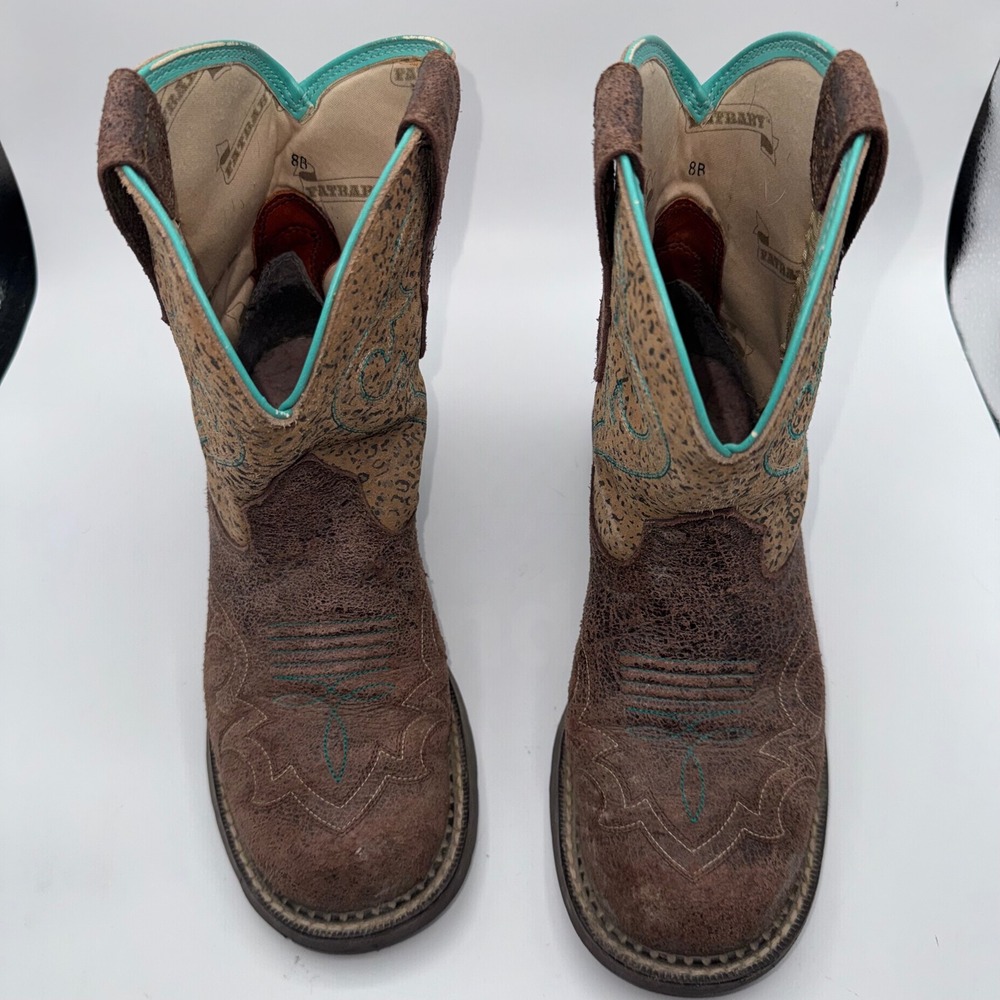 Ariat Fatbaby Brown Leather Leopard Print Western Boots Turquoise Women's 8B - Picture 4 of 11
